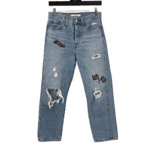 LEVI'S Wedgie Straight Jeans 100% Cotton High Rise Denim 26 Distressed Patches.